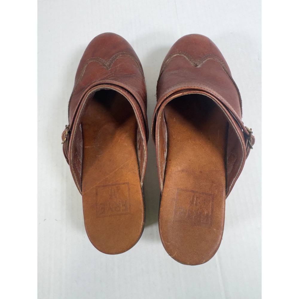 Frye Leather Wooden Platform Clogs Women 6 B Cognac Brown Wingtip Mules Retro - Picture 8 of 9